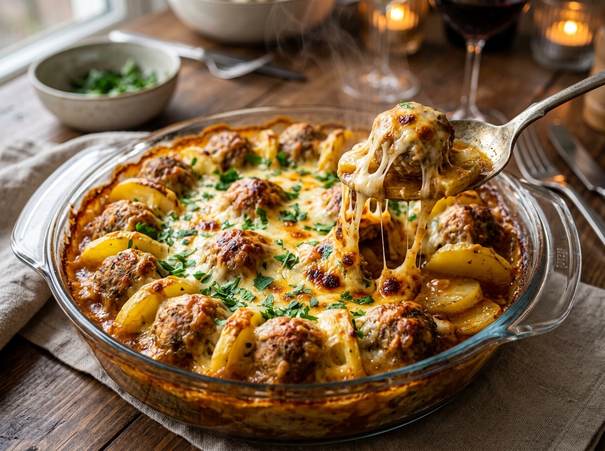 Cheesy Baked Meatball & Potato Ring Casserole 🧆🥔🧀