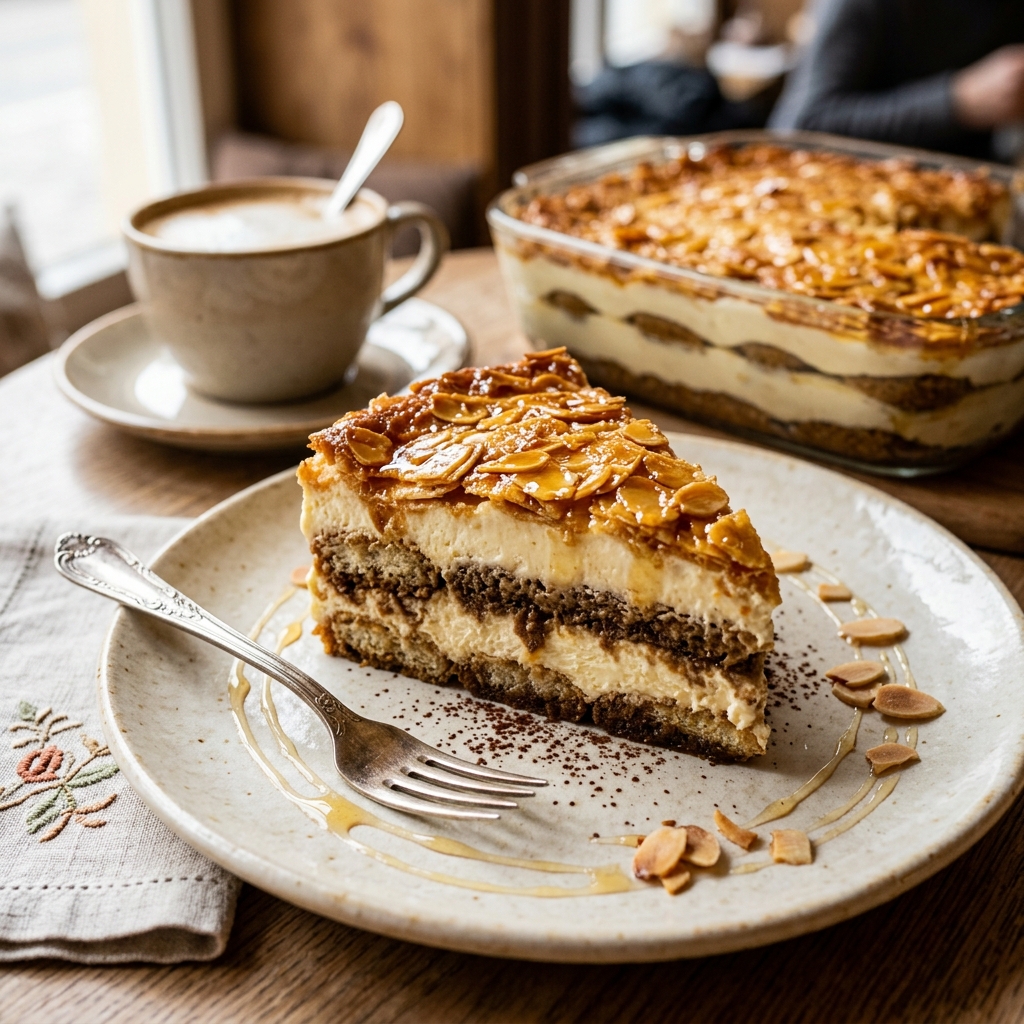 Bee-Sting Tiramisu (Bienenstich Tiramisu with Caramelized Almond Crust)