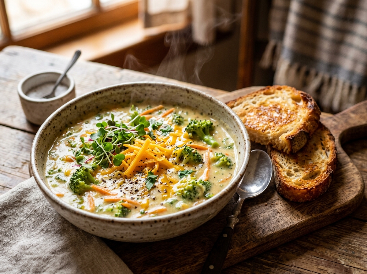 Better-Than-Restaurant Broccoli Cheddar Soup with Garlic Toast
