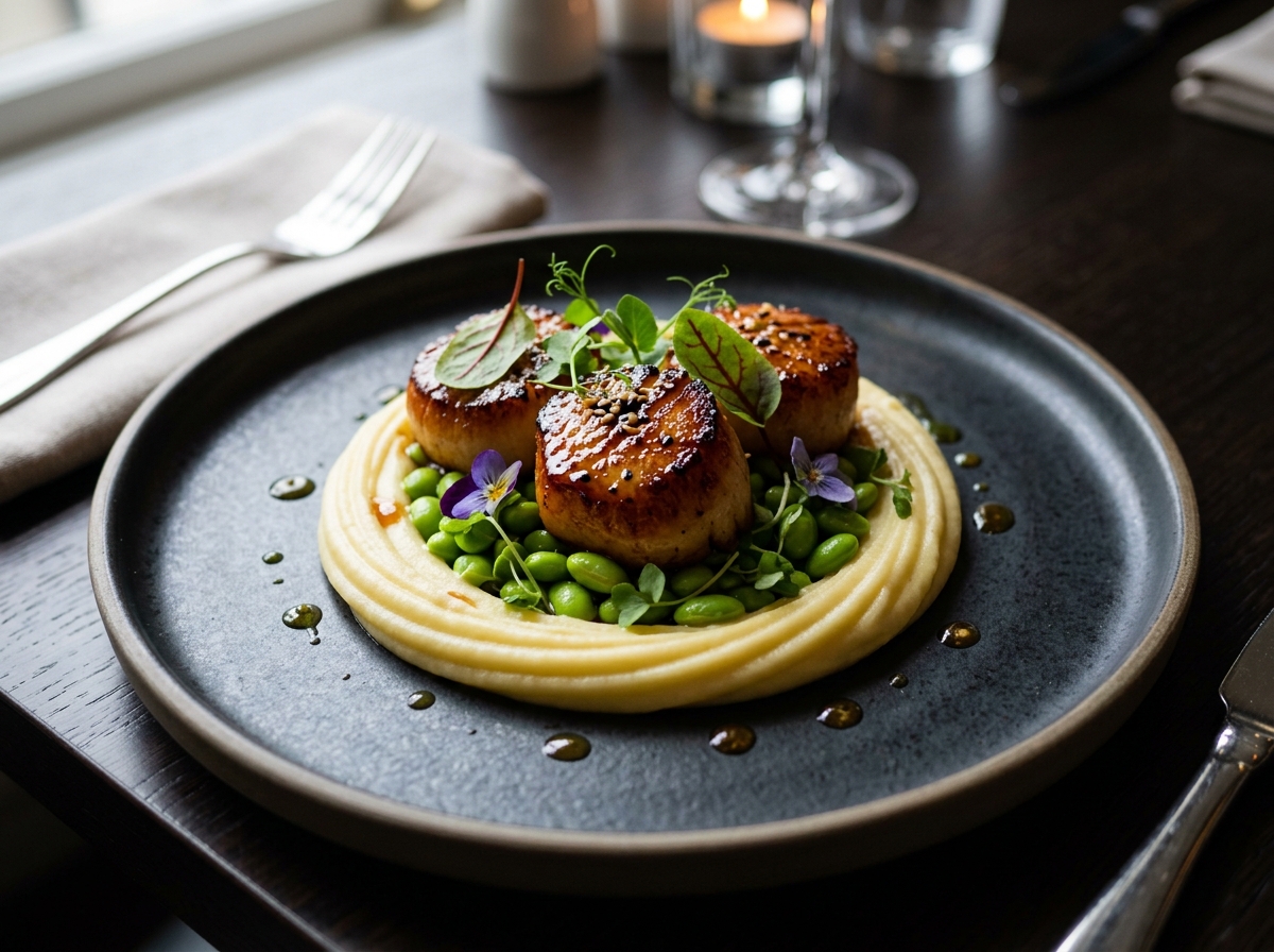 Caramelised Miso Glazed Scallops over Edamame & Silky Potato Purée