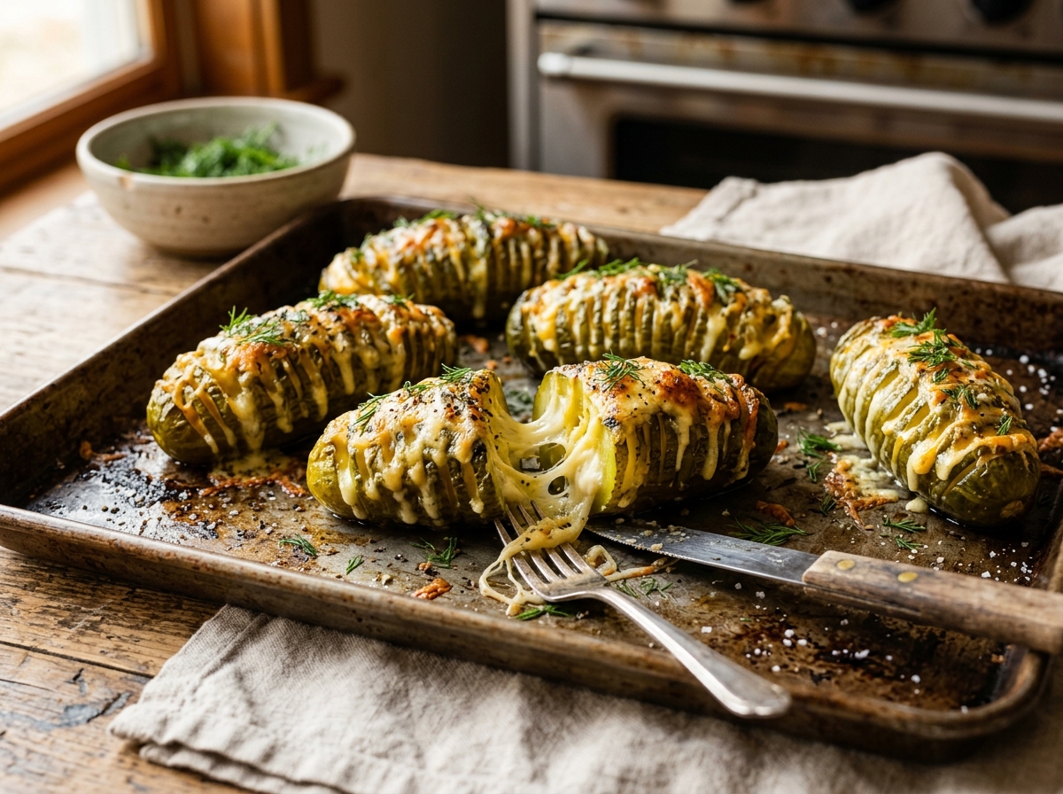 Broiled Cheese-Stuffed Hasselback Pickles