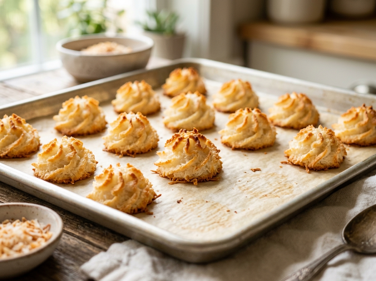 Chewy Golden Coconut Macaroons with Dark Chocolate Drizzle