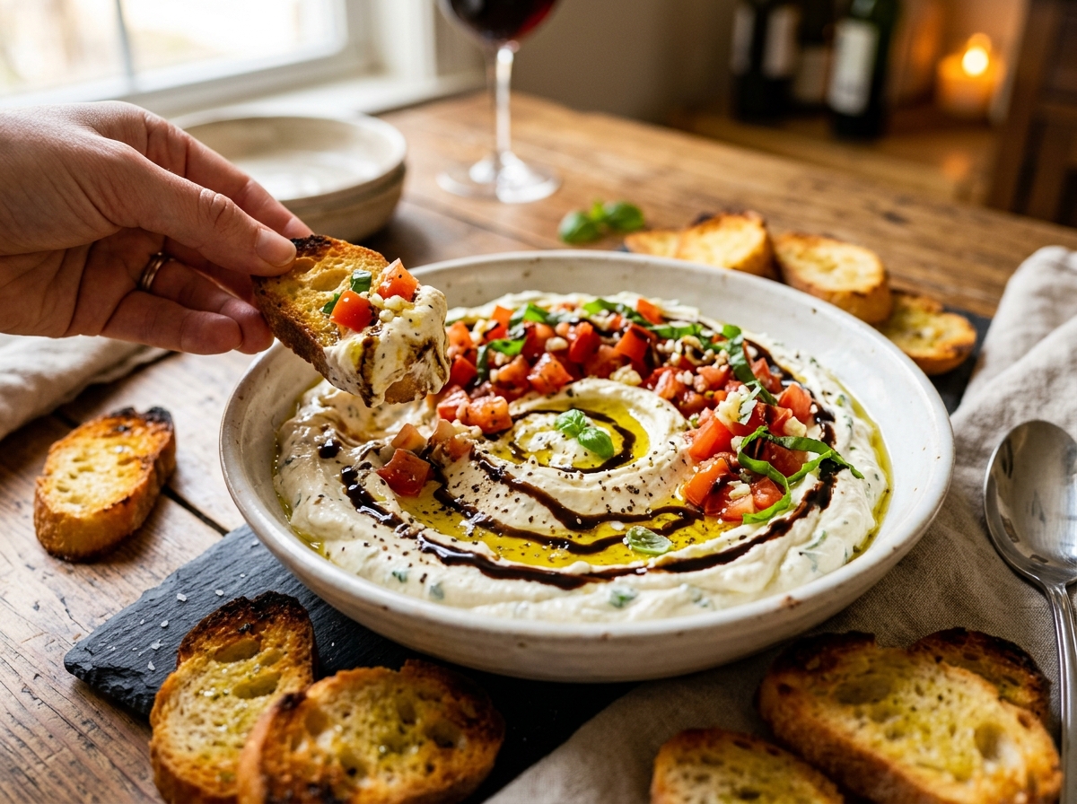 Whipped Boursin Bruschetta Dip with Garlic Crostini