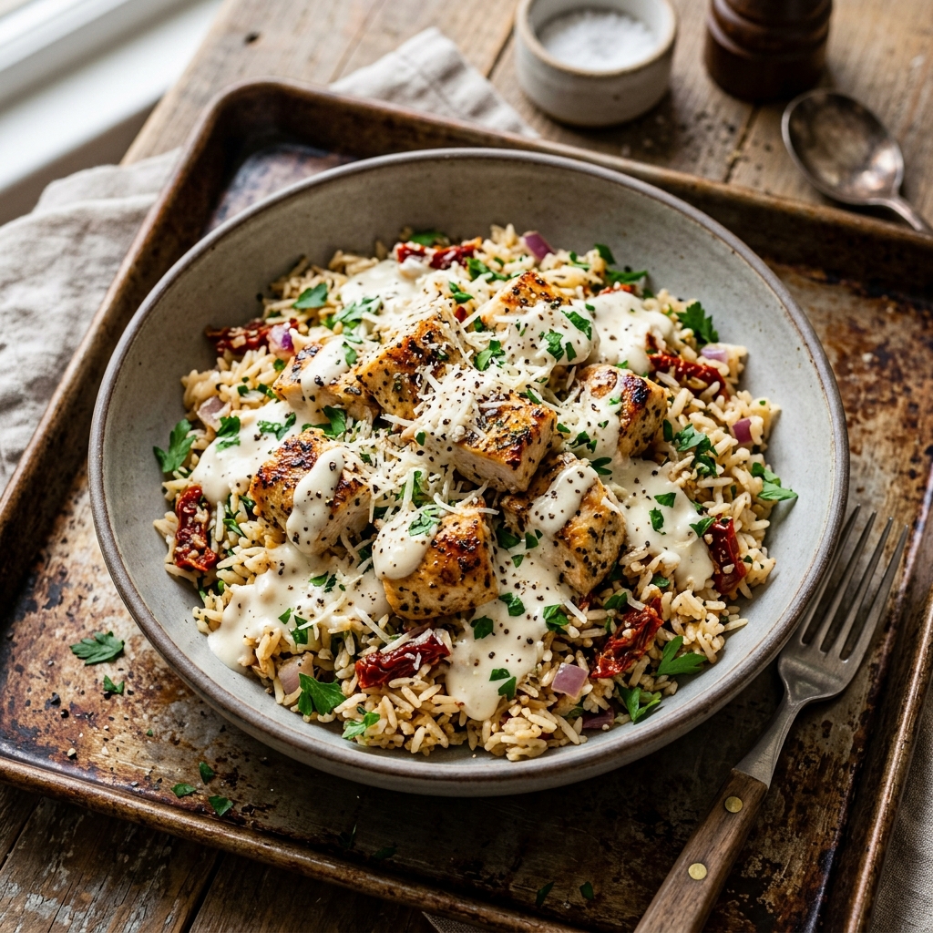 Creamy Chicken Alfredo Fried Rice (High-Protein Sheet-Pan Meal Prep)