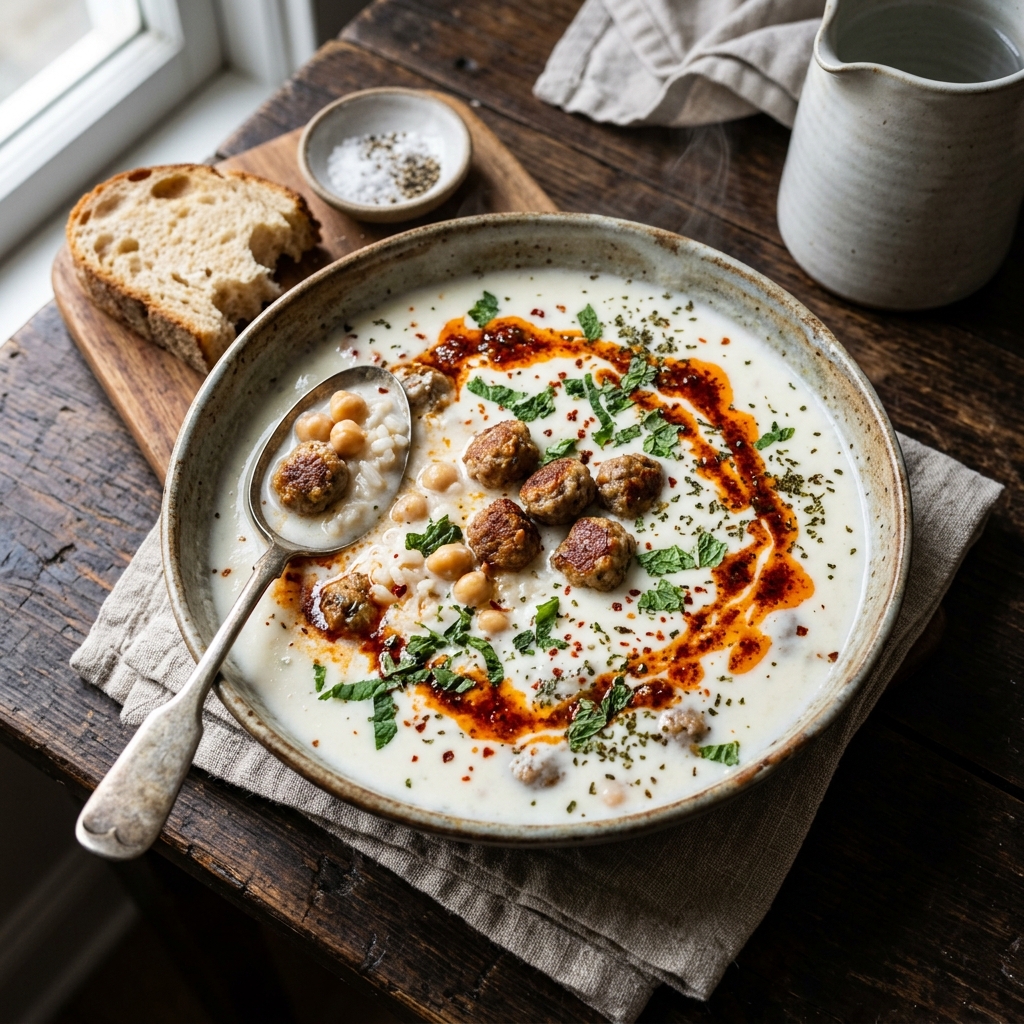 Creamy Yogurt Meatball & Chickpea Soup