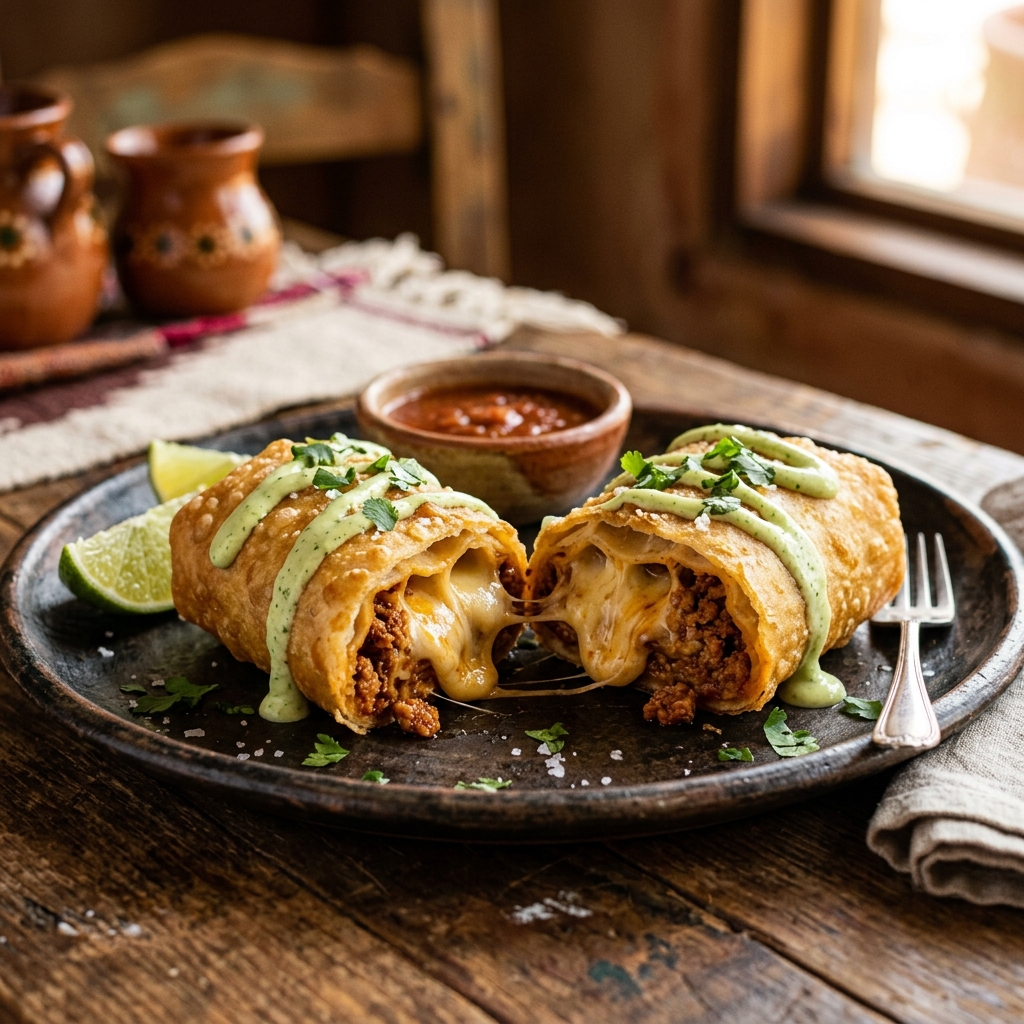 Crispy Chorizo & Cheese Chimichangas with Cilantro-Lime Crema