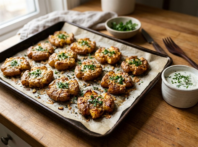 Crispy Smashed Baby Potatoes with Garlic Herb Butter