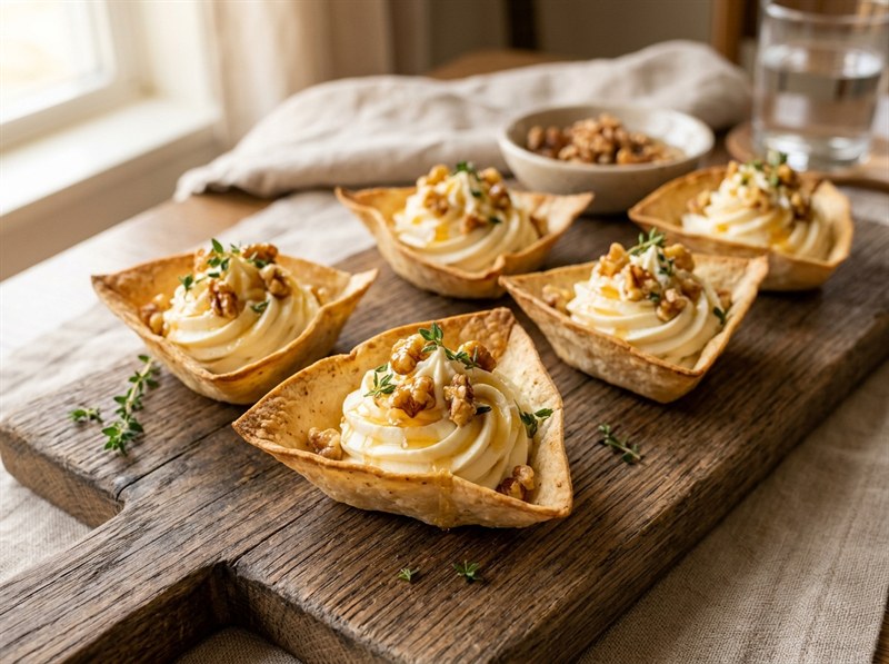 Crispy Tortilla Boats with Cream Cheese, Walnuts, Thyme & Honey