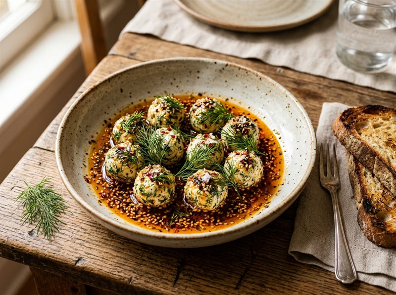 Dill Cheese Balls with Sesame-Chili Oil