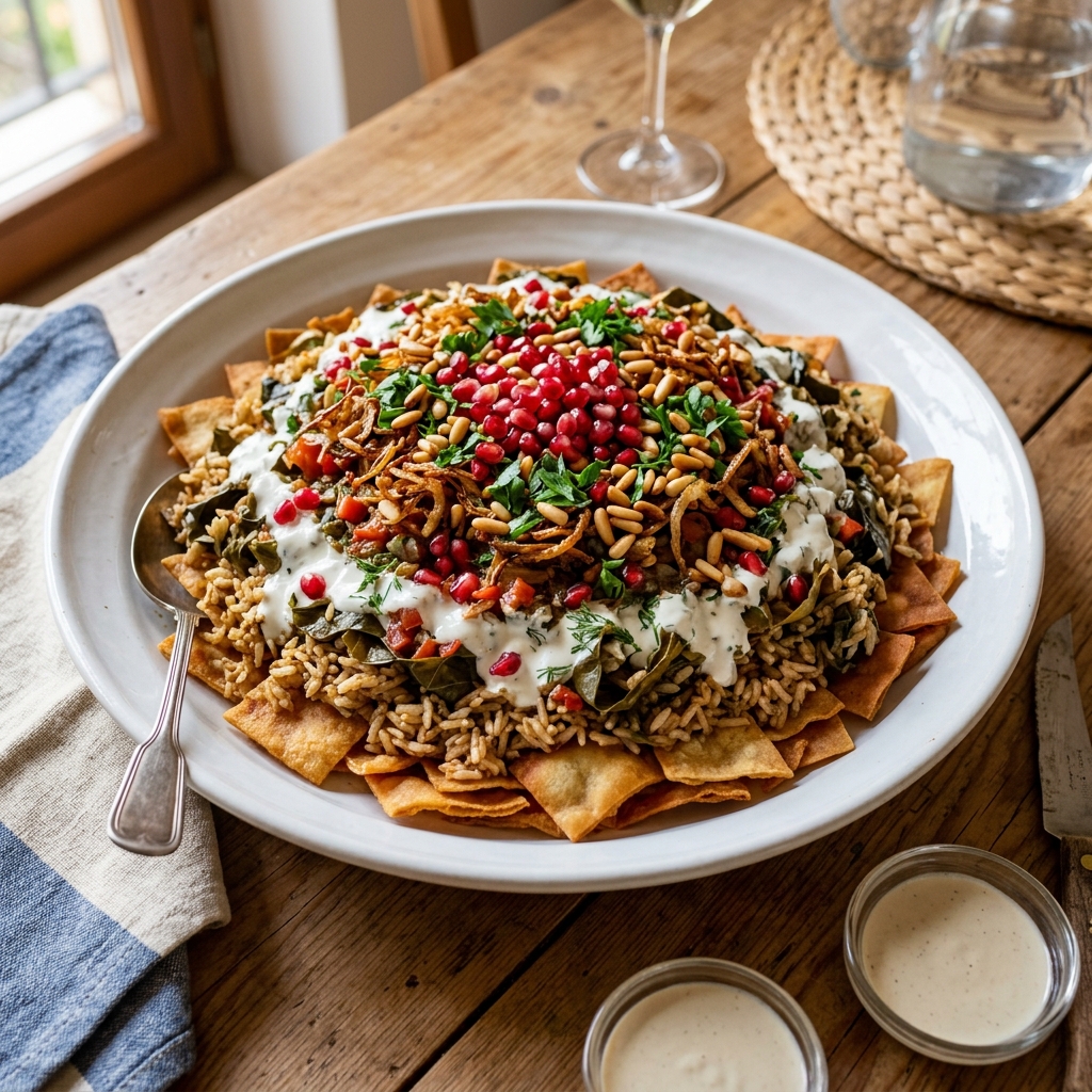 Layered Grape Leaves Fattah with Crispy Pita & Garlic Tahini Yogurt