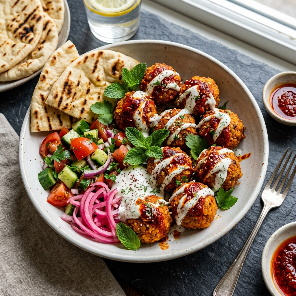 Harissa Lentil 'Meatball' Bowl with Pickled Onions & Pita