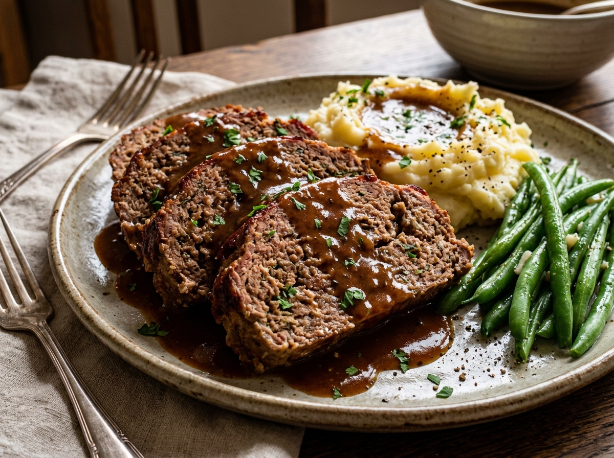 Classic Tender Homestyle Meatloaf with Rich Onion Gravy