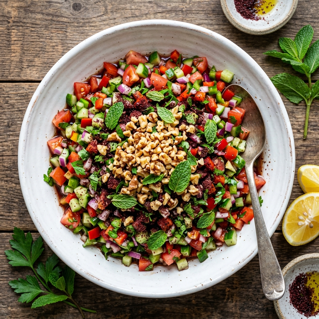 Mediterranean Walnut Spoon Salad with Pomegranate & Sumac