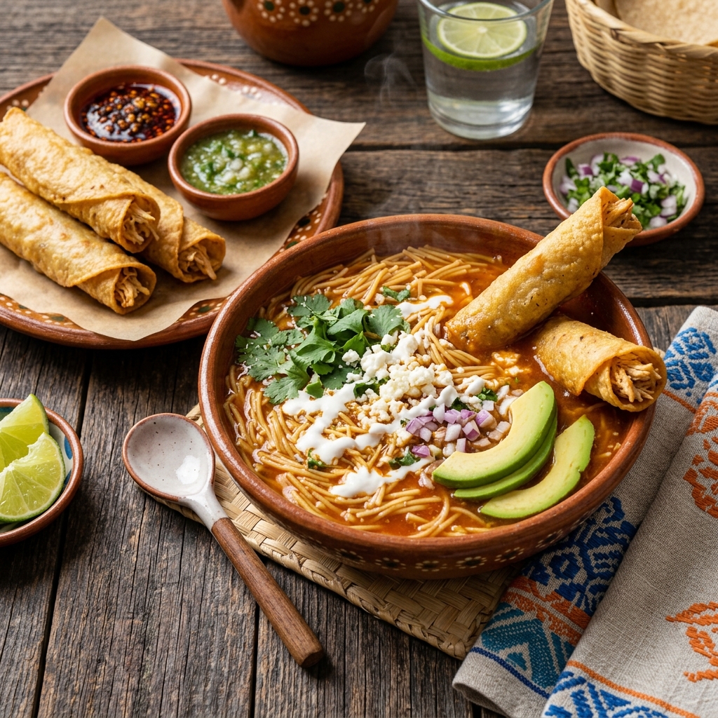 Mexican Fideo Soup with Crispy Chicken Taquitos
