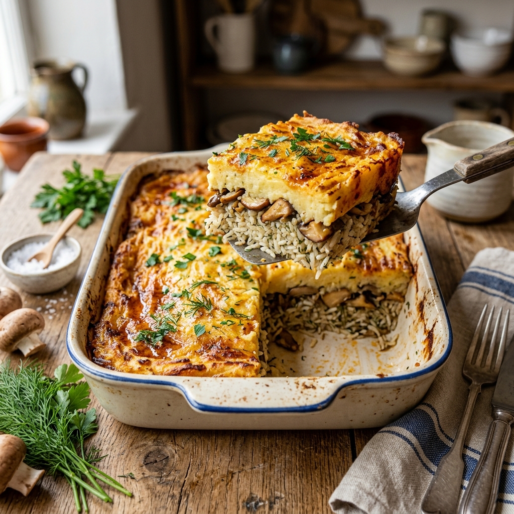 Mushroom Rice & Potato Casserole with Paprika Butter Crust