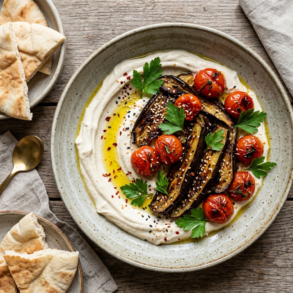 Roasted Eggplant & Cherry Tomato Spread over Tahini-Honey Yogurt