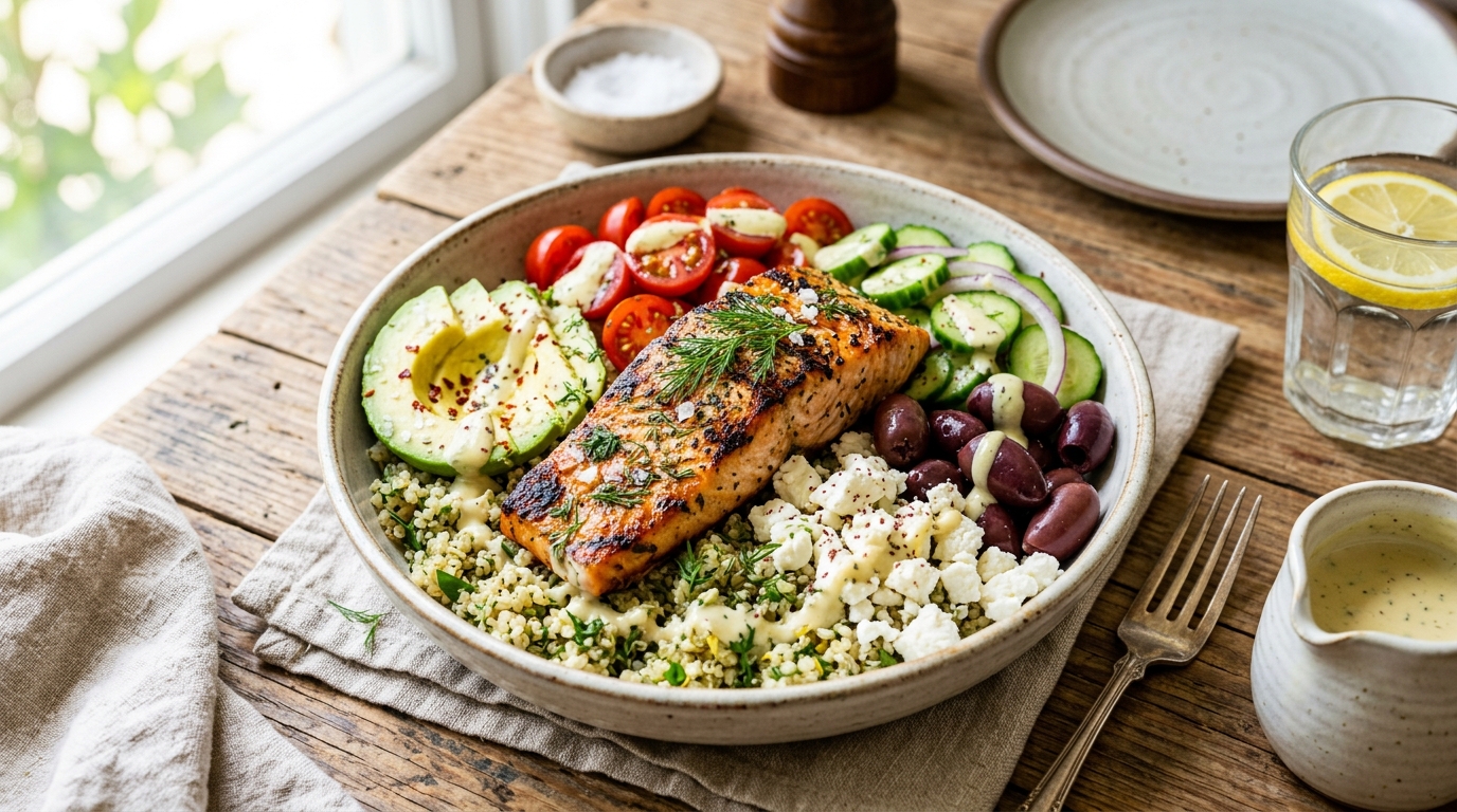 Mediterranean Lemon Herb Salmon Quinoa Bowl