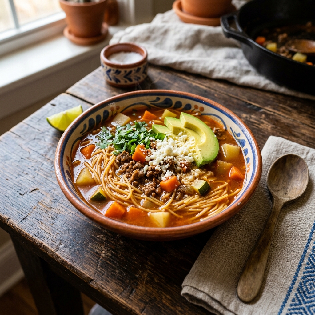 Sopa de Fideo with Beef & Vegetables (Mexican Toasted Noodle Soup)