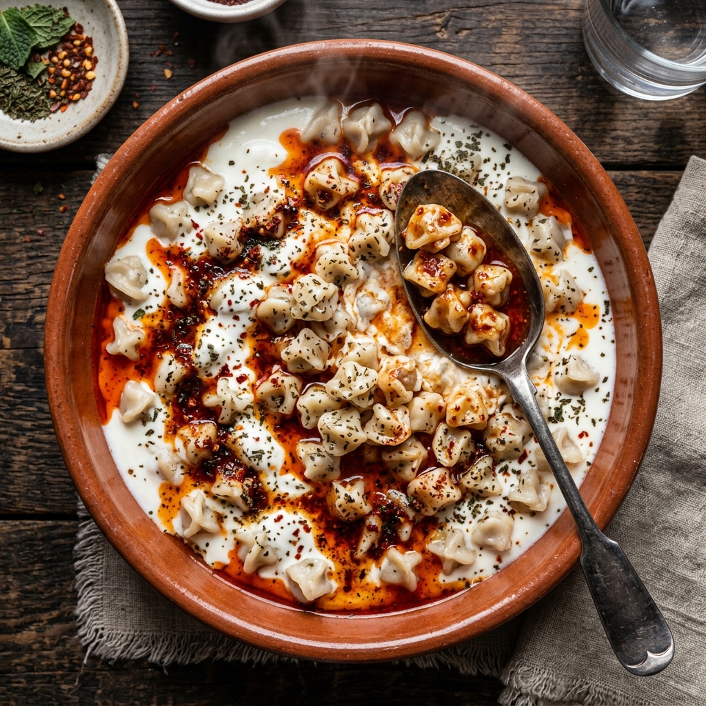 Tiny Spiced Beef Dumplings with Garlic Yogurt & Sizzling Paprika Butter