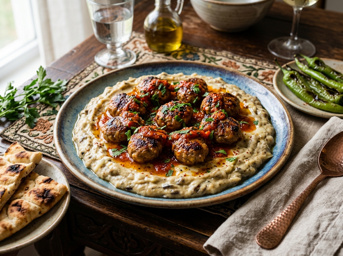 Turkish Meatballs on Smoked Eggplant Purée (Hünkar Beğendi) 👑🍆🥩✨